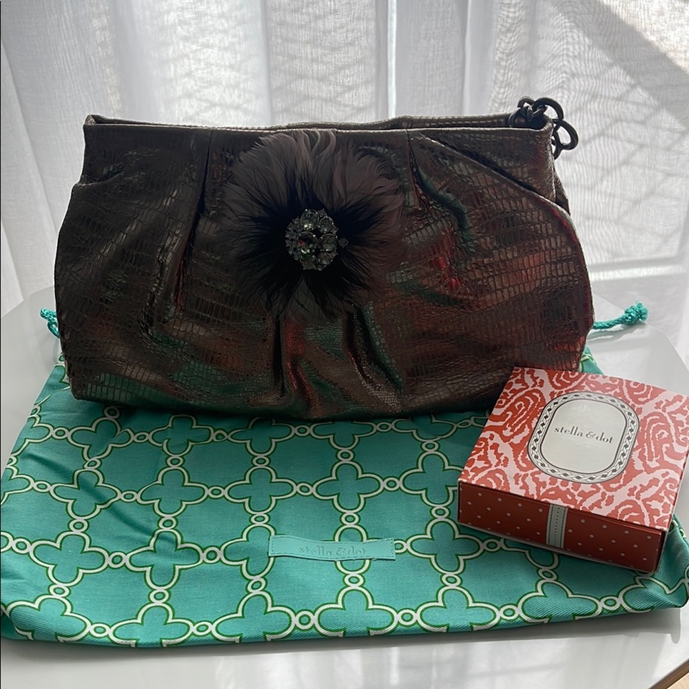 Stella & Dot Brown Clutch with Floral Embellishment